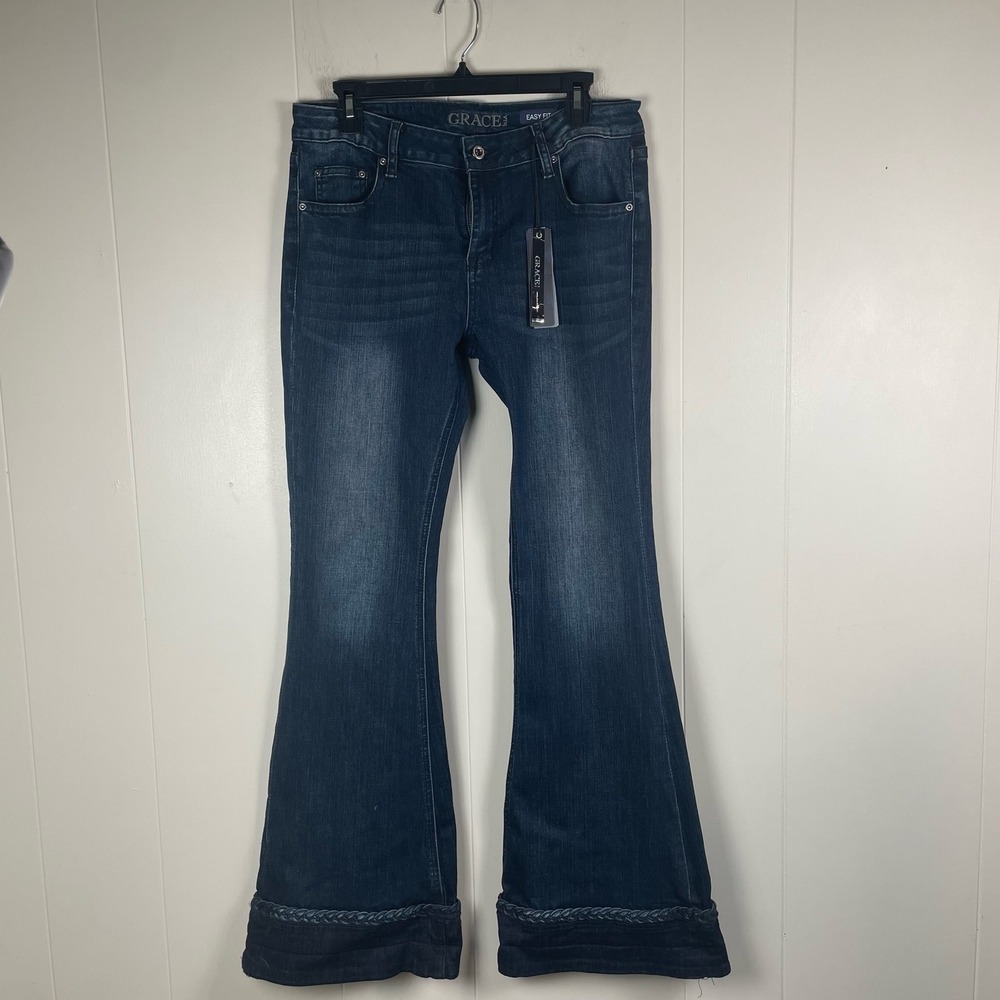 GRACE in LA Women's Dark‎ Wash Flare Jeans Size 30 Braided Cuff Easy Fit